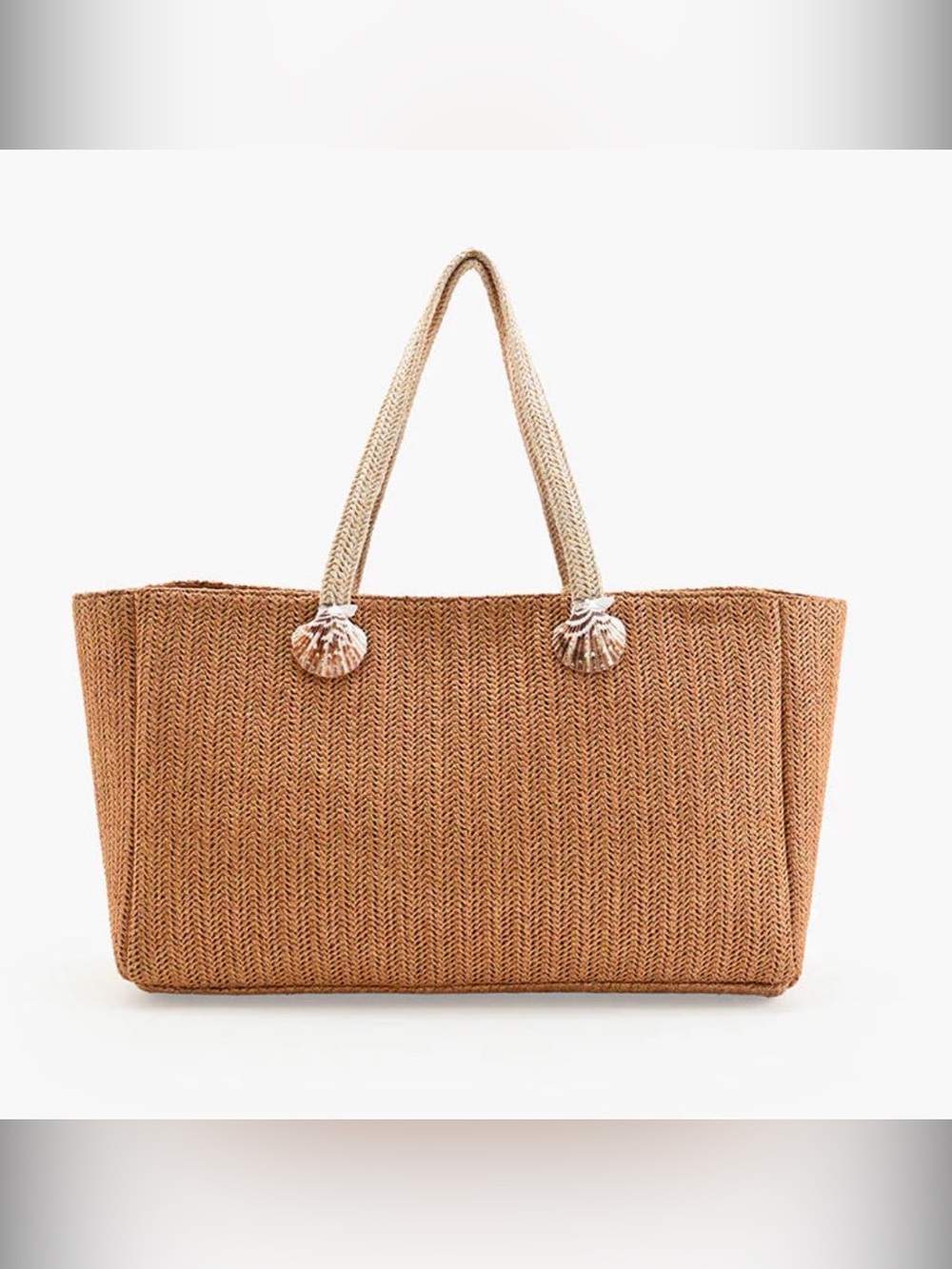 American & Beyond Woven Straw Tote in Tan with Cream Handles - Picture 1 of 3